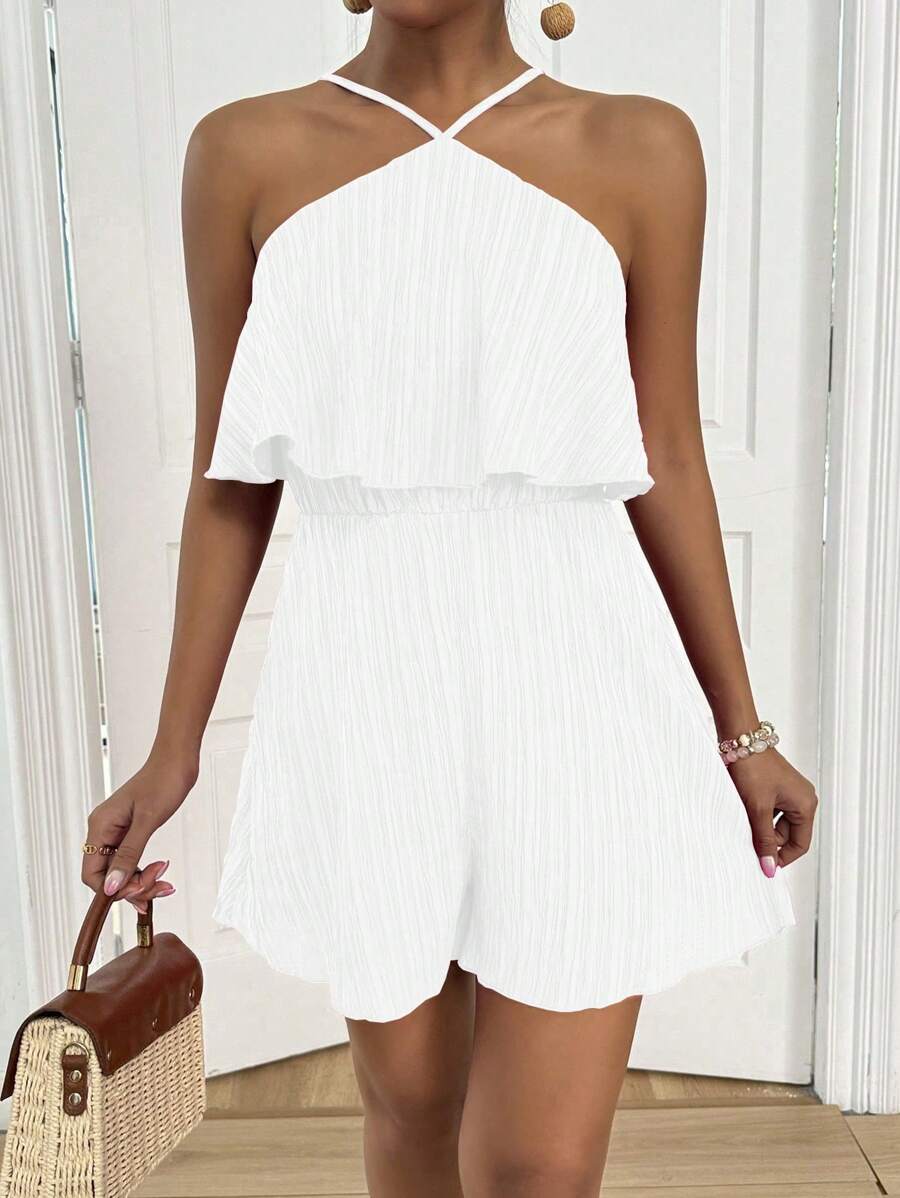 Chiquease Women Backless Elegant Elegant Suitable For Vacation Halter Neck Drawstring Waist Ruffle White Romper - White - View 1