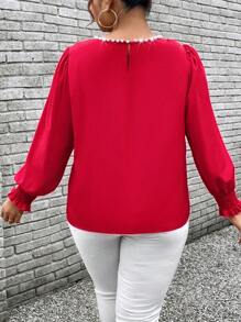 SHEIN Unity Camisa de mangas largas, de cuello redondo, de unicolor y elegante para ropa de Año Nuevo para tallas grandes - Rojo - Ver 2
