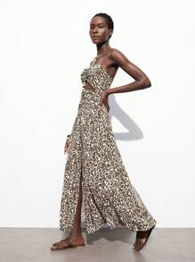 Maija 2025春夏初秋独立日七月女装印花装饰白色咖啡色串珠吊坠镂空腰部荷叶边连衣裙，教师夏季猎豹纹连衣裙 - 咖啡 - 查看 8