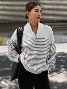 DAZY Striped Oversized Long Sleeve Zip-Up Turtleneck Sweater For Women,Fall Women Clothes - White - View 9