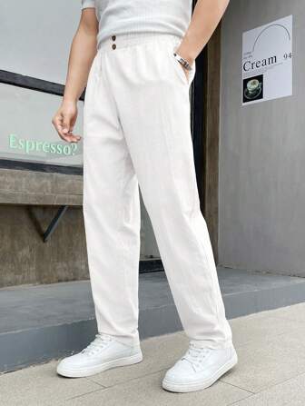 Manfinity ModaGents Pantalones casuales tejidos rectos y holgados de unicolor con bolsillo para hombre