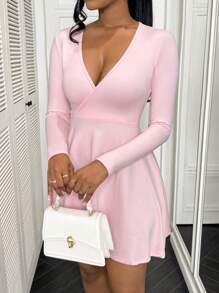 SHEIN BamGlam Váy nữ đơn giản cổ chữ V quyến rũ Avant-Garde, váy ngắn mini, váy mùa thu - Hồng - Xem 5