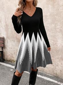 SHEIN Clasi Women's Elegant Patterned Waist Sweater Dress - Black and White - View 6