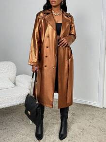 Zolique 双排扣系腰女式棕色风衣 - 金色 - 查看 4