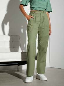 Hauture 翻盖口袋褶皱阔腿裤 - 橄欖綠 - 查看 1