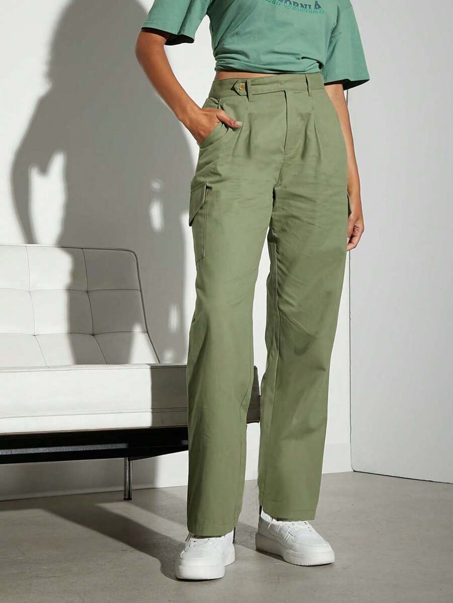 Hauture 翻盖口袋褶皱阔腿裤 - 橄欖綠 - 查看 1