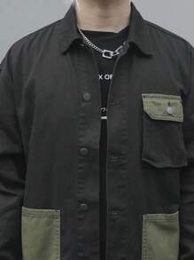 Manfinity Homme Men Spring And Autumn Contrast Color Work Pocket Long Sleeve Loose Casual Denim Jacket - Black - View 6