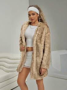 VARSITIE Retro Style Light Brown Mid-Length Loose Fake Fur Women Sports Jackets