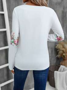 EMERY ROSE Women Floral Print Notch Neck Long Sleeve T-Shirt - White - View 2