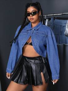 SHEIN ICON Áo khoác denim cỡ lớn đơn ngực mặc hàng ngày - Rửa trung bình - Xem 5