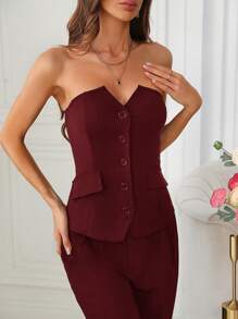 SHEIN Clasi Women's Summer Solid Color Single Breasted Tube Top Elegant Top - Burgundy - View 5