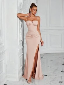 ADYCE 细肩带 V 领腰部褶皱开衩露背正式鸡尾酒会礼服，优雅舞会晚礼服，适合婚礼嘉宾、毕业典礼、晚宴 - 杏色 - 查看 6