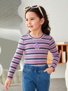 SHEIN Young Girl Striped Print Floral Patched Tee - Multicolor - View 2