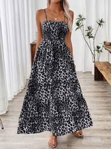 Breezaya 女式夏季豹纹 V 领无袖高腰中长连衣裙，性感时尚 - 灰色 - 查看 5