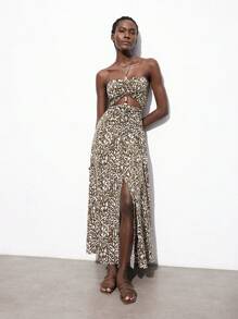 Maija 2025春夏初秋独立日七月女装印花装饰白色咖啡色串珠吊坠镂空腰部荷叶边连衣裙，教师夏季猎豹纹连衣裙 - 咖啡 - 查看 6