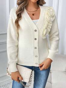 SHEIN LUNE Áo cardigan dài tay dáng rộng họa tiết hoa 3D màu trơn dành cho nữ, mùa thu đông - Màu be - Xem 5