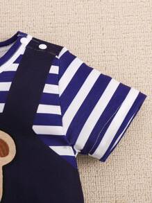 SHEIN Playful Pals 男婴可爱恐龙刺绣贴布条纹拼接吊带连体裤春夏 - 藏蓝色 - 查看 5