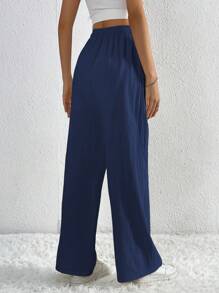 SHEIN Tall Quần dài thời trang đường phố thiết kế đa năng cho nữ kiểu dáng đơn giản có dây rút - Xanh đậm - Xem 2