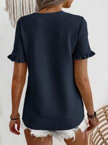 EMERY ROSE Women's Crew Neck Plain Simple Casual Ruffle Hem Short Sleeve Regular T-Shirt - Navy Blue - View 2