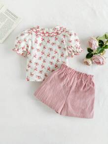 Cozy Pixies 2pcs Baby Girls Plant Floral Pattern Colorblock Ruffled Collar Puff Sleeve Button Front Top And Shorts Casual Outfit - Pink - View 2