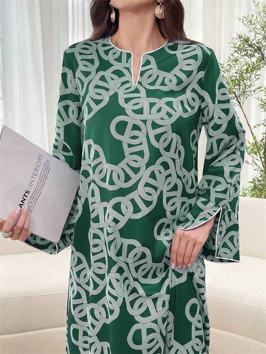 Yasmyna Women's Elegant Simple Printed Long Sleeve Casual Modest Arabian Dress Kaftan Jalabiya Dress - Green - View 1