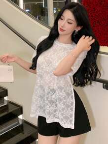 女士圆领短袖时尚精致甜美开衩蕾丝透视衬衫 - 米色 - 查看 1