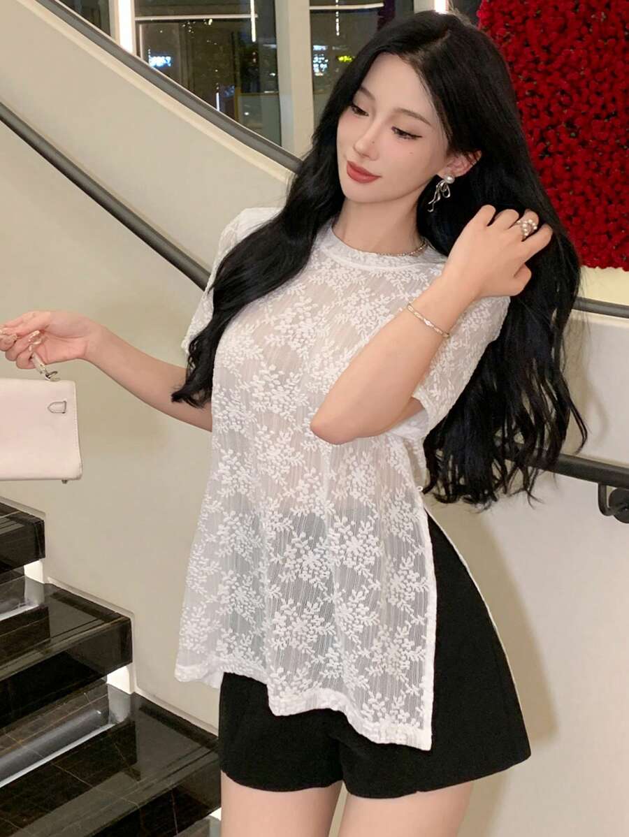 女士圆领短袖时尚精致甜美开衩蕾丝透视衬衫 - 米色 - 查看 1