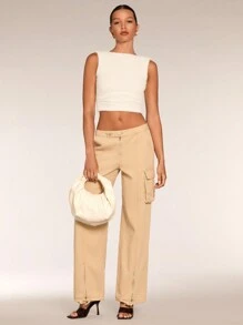 SHEIN BAE Jeans casuales rectos de moda de calle con diseño de bolsillo con botón para mujeres - Albaricoque - Ver 3