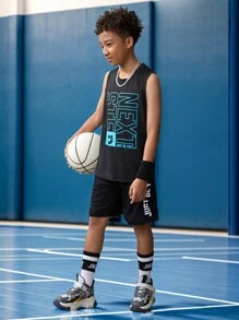 SHEIN Tween Boy Knitted Printed Vest With Slanted Pockets And Drawstring Shorts Sports Two-Piece Set - Black - View 17