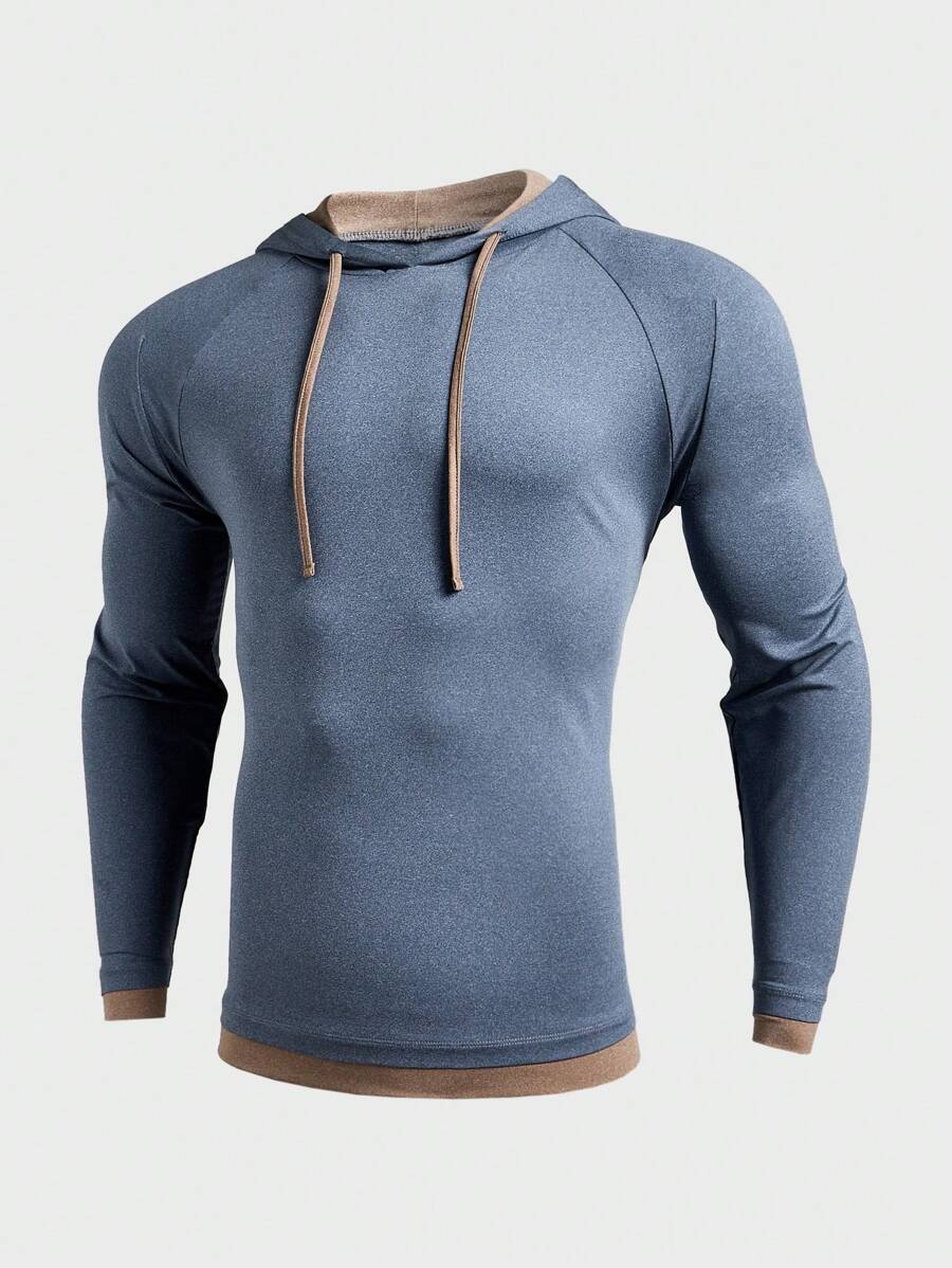 Manfinity Fitness Boyfriend Style Men Contrast Color Hooded Long Sleeve Lace-Up Sports Sweatshirt Back To School - Navy Blue - View 1