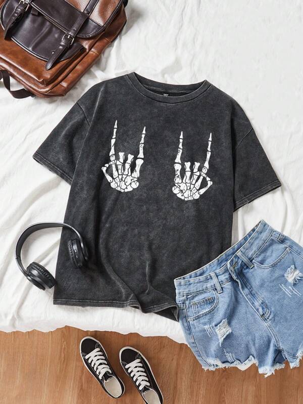 Comfortcana Plus Size Women Vintage Washed Soft Knit Fabric Halloween Skull Hand Print Cartoon Short Sleeve T-Shirt, For Summer