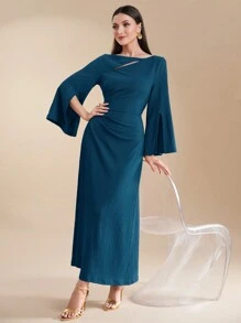 Modelyn Women's Asymmetric Neck Long Sleeve Split Ruched Elegant Arabic Style Dress - Teal Blue - View 5