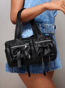 SHEIN ICON 女士，女式单肩包，流浪包，手提包，个性化，简约，百搭，街头风，甜美酷炫女孩，辣妹，Y2K，黑色，芭蕾风格，领结，学校包，青少年 - 黑色 - 查看 1