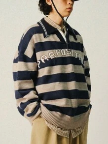 DAZY 男士撞色条纹字母印花长袖毛衣，秋季 - 彩色 - 查看 5