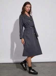 SHEIN EZwear 90年代深灰色落肩雙排釦束腰風衣 - 深灰色 - 查看 5