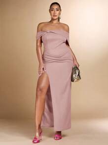 SHEIN BAE Plus Size Women's Summer Fashion And Elegant Party Inverted Pleated One-Shoulder Solid Black Stretch Knit Slit Long Dress