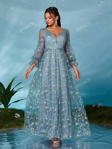 Mgiacyv V-Neck Lantern Sleeve Embroidered Lace Sleeved High-End Evening Gown,Party Dress,Formal,Wedding Guest