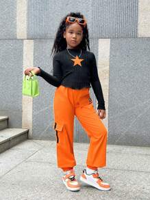 SHEIN Tween Girl Cool & Personalized Knitted Stand Collar Long Sleeve Tracksuit With Trousers - Orange - View 1
