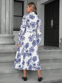 GENKIRA Đầm vải lanh thanh lịch kiểu Pháp Peplum Hem Váy dài tay in hoa - Nhiều màu - Xem 2