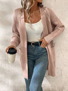 SHEIN Clasi Cardigan tricoté mi-long pour femme à col en V, manches longues, ceinture à la taille, texture rayures verticales kaki - Kaki - Voir 3