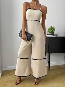 Chiquease Contrast Trim Wide Leg Cami Jumpsuit For Summer - Apricot - View 4