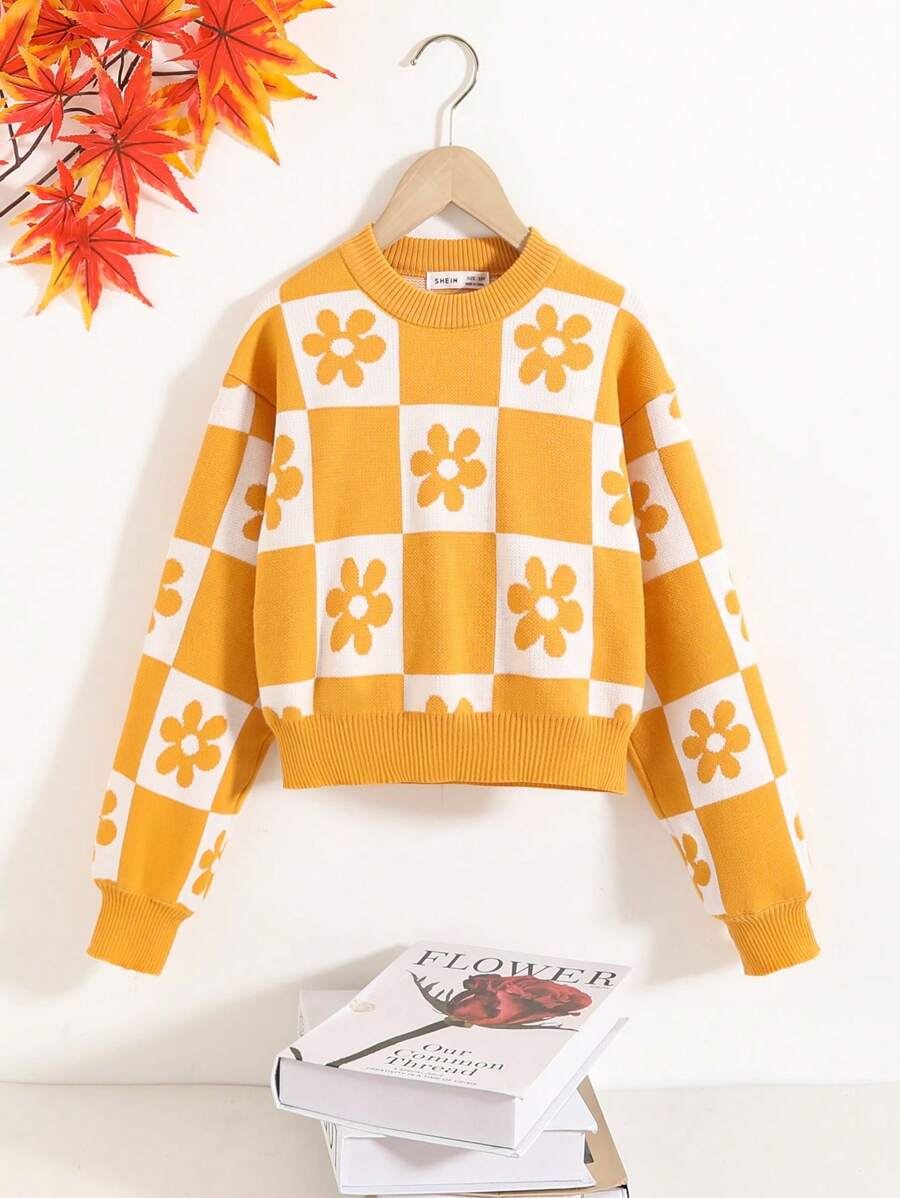 Tween Girl Pullover Knitted Sweater, Perfect For Music Festivals, Street Style, Casual & Comfortable Wear, Ideal For Parties, Travel, Picnic, Shopping And School, Cropped - Yellow - View 1