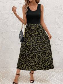 SHEIN Clasi Crew Neck Sleeveless Solid & Leopard Print Patchwork Mid-Length Dress - Army Green - View 5