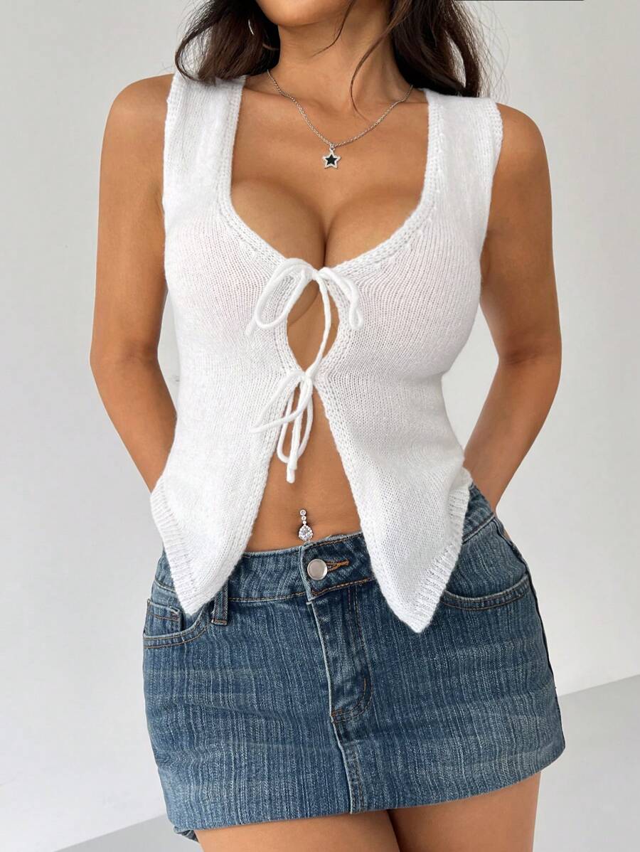SHEIN EZwear Cropped Sleeveless Knitted Top With Tie - White - View 1