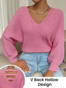 Chiquease Women's Solid Color V-Neck Casual Long Sleeve Pullover Sweater Knit Pullover Fall Winter Outfit - Pink - View 1