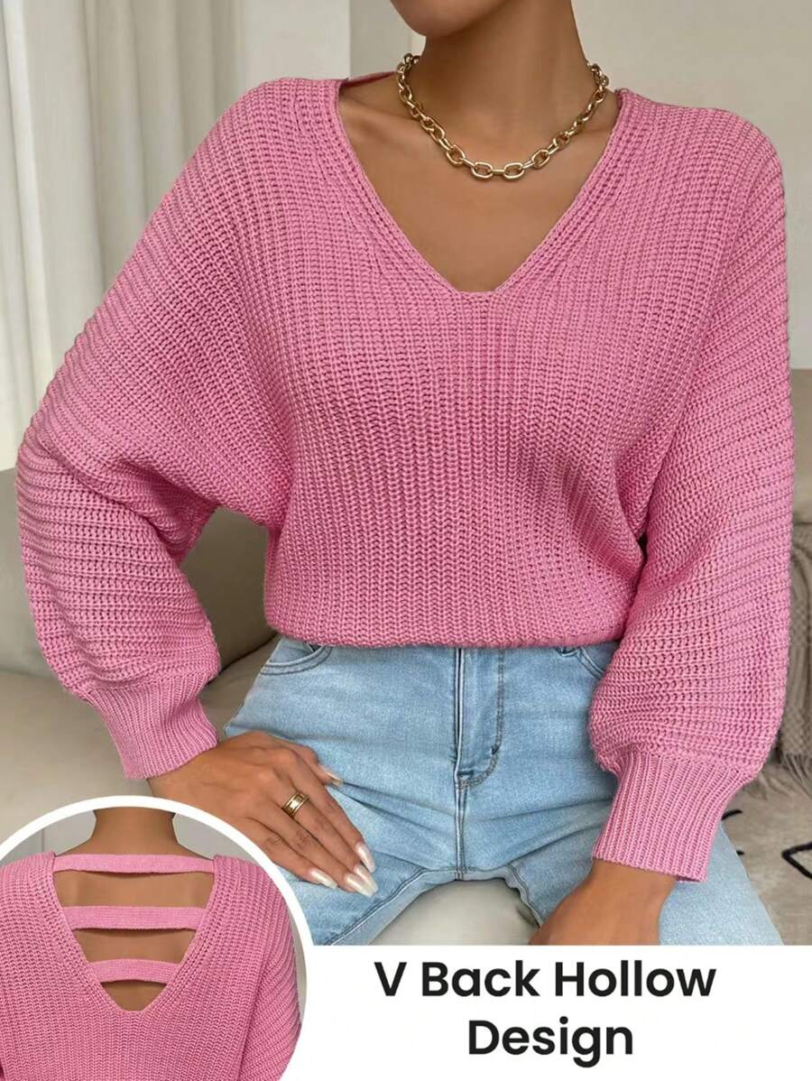 Chiquease Women's Solid Color V-Neck Casual Long Sleeve Pullover Sweater Knit Pullover Fall Winter Outfit - Pink - View 1