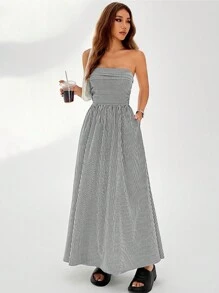 SHEIN EZwear 條紋印花斜口袋筒型中長裙 - 黑與白 - 查看 6