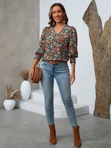 EMERY ROSE 女士彩色花卉印花简约 V 领长袖衬衫 - 彩色 - 查看 3