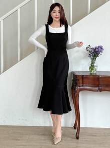 DAZY Vestido de sirena sin mangas de cuello cuadrado sólido para mujer, con volantes, ropa de otoño - Negro - Ver 5