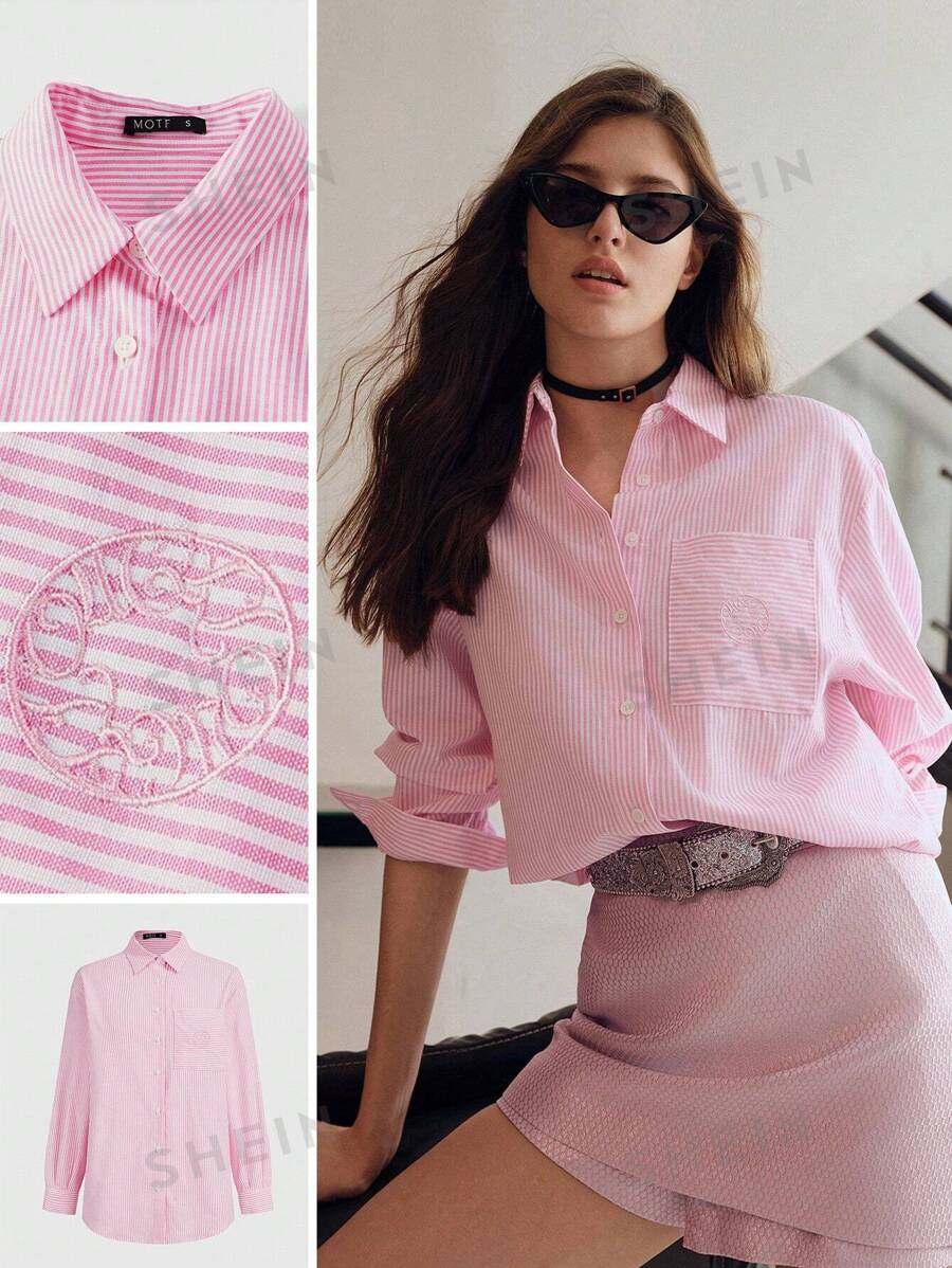 MOTF STUDIO Camisa de hombros caídos con estampado de rayas y detalles bordados